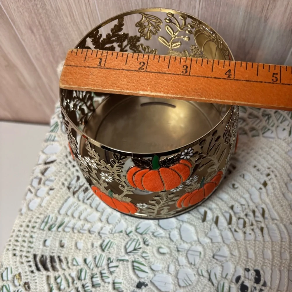 Bath & Body Works Gold Metal Autumn Fall Pumpkin 3 Wick Candle Holder - Picture 6 of 6
